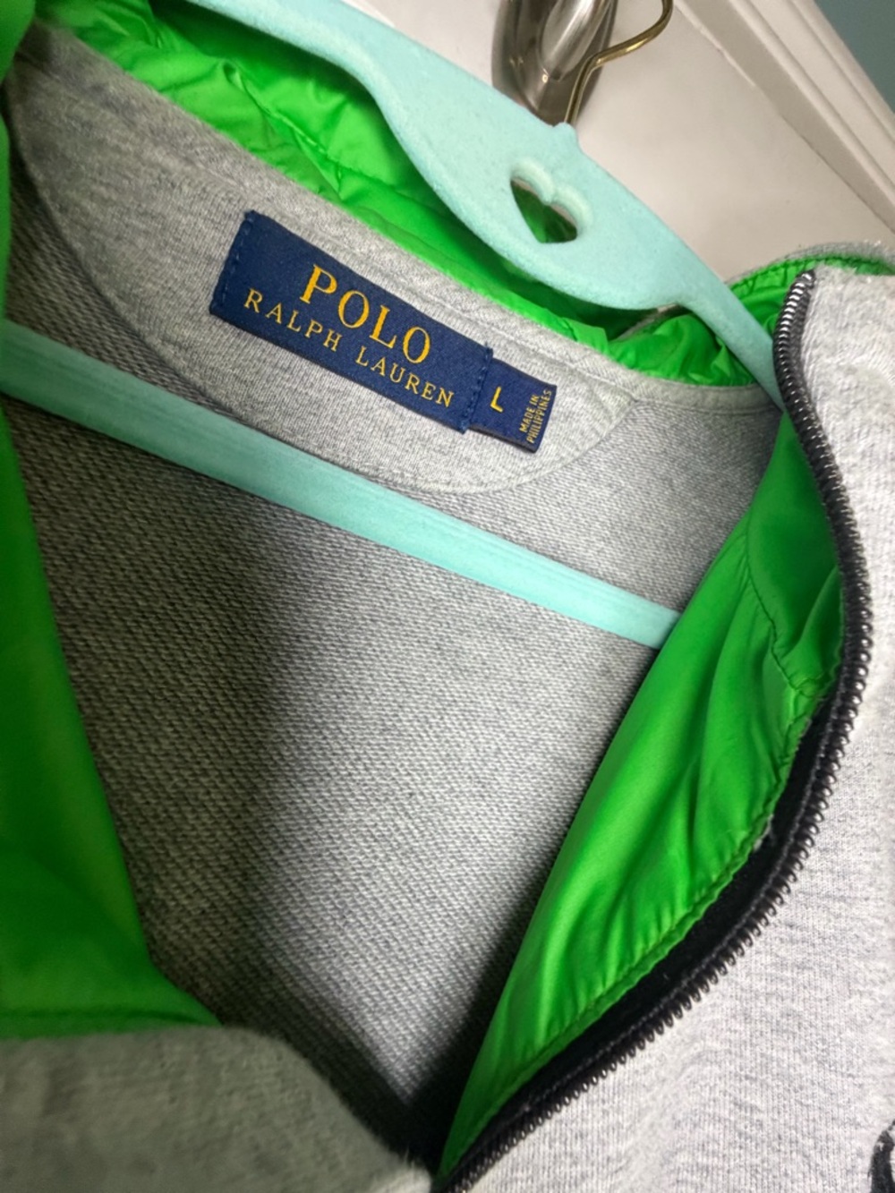 Polo Ralph Lauren Full Zip Hoodie Gray Neon Green Pony Logo Men’s Large
